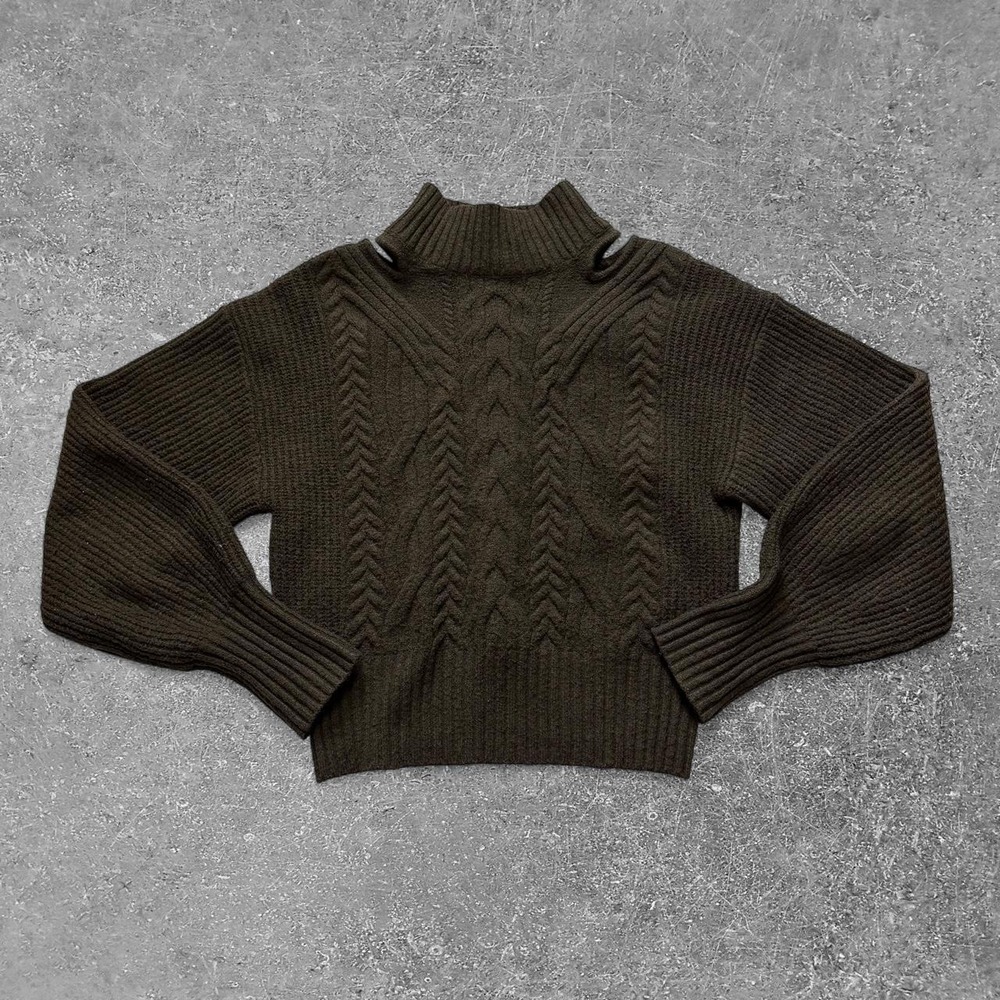Express Womens XS Green Grey Cable Knit Cut Out Mock Neck Sweater Conscious Edit